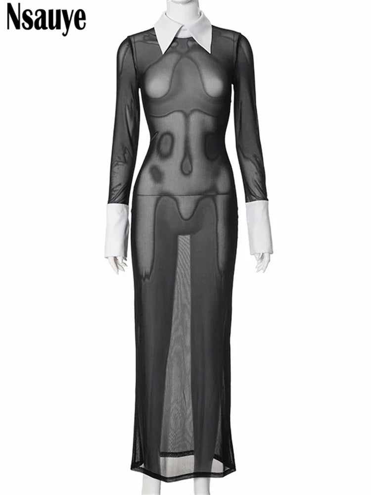 Nsauye Vintage 2024 New Fashion Elegant Mesh Black Long Sleeve Bodycon Maxi Sexy Evening Dress Chic Party Club Blouse Dress