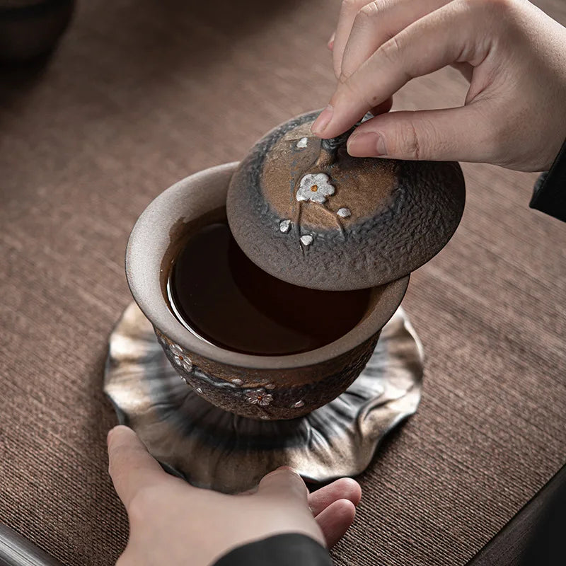 Tea Tea Sancai Jepun dengan reka bentuk retro dan tembikar kasar buatan tangan gaiwan cawan teh mangkuk seramik