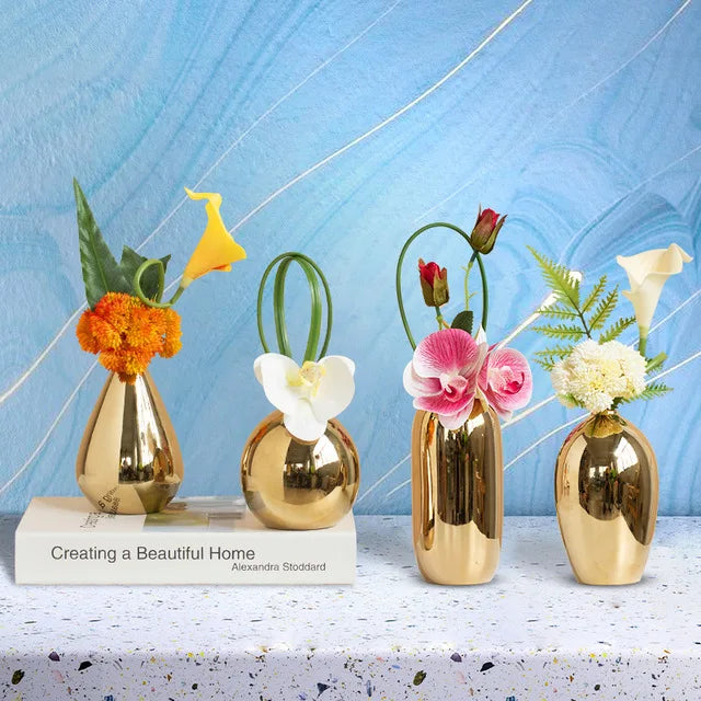 Vaso de cerâmica dourada nórdica Eletroplatação Dourado+Conjunto de Flores Artificiais Mesa de jantar Casa Crafts Club Cafe Bar Decoração de mobiliário