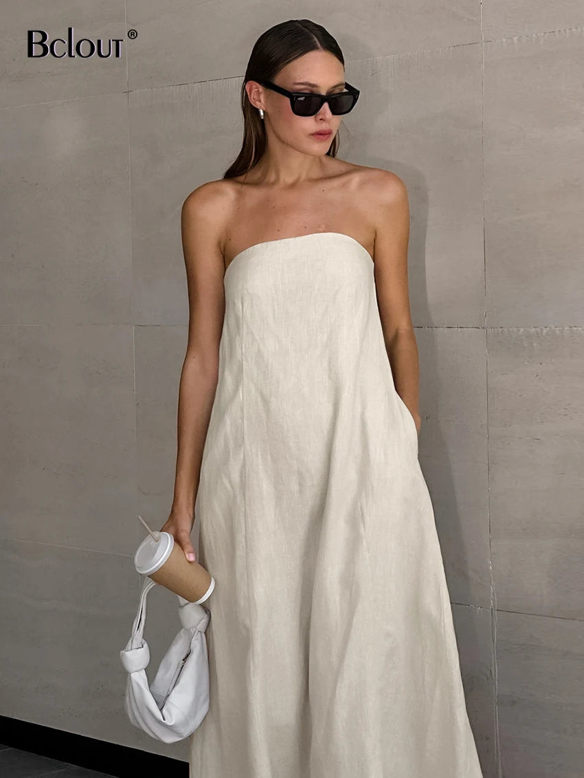 Bclout Fashion Khaki Linen A-Line Dress Women 2024 Summer Pockets Strepless Long Dresses Casual Solid Midi Dress Female Vacation
