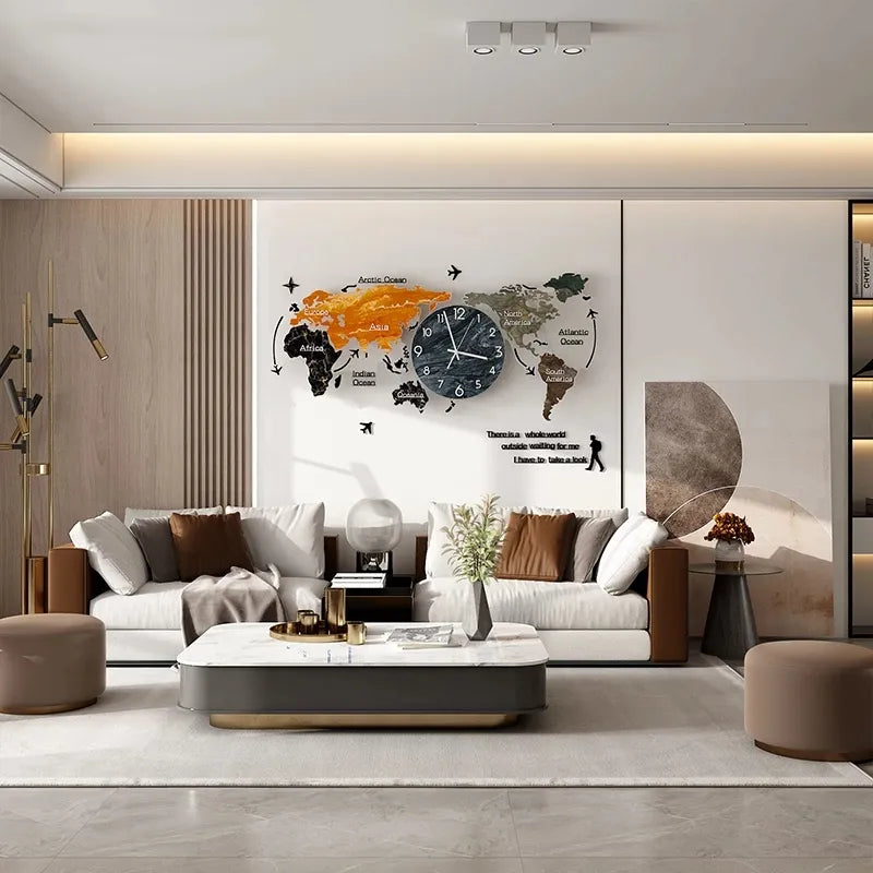 Relógio de parede do mapa mundial Decoração minimalista moderna nórdica acrílica para o quarto de casa do quarto de um relógio de parede sem soco adesivos DIY