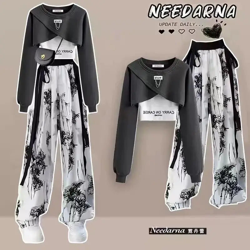 Spring and Autumn Set Women's Korean Design Long Sleeved Top+Tank Top+Ink Wide Legged Pants Three Piece Set Trendy