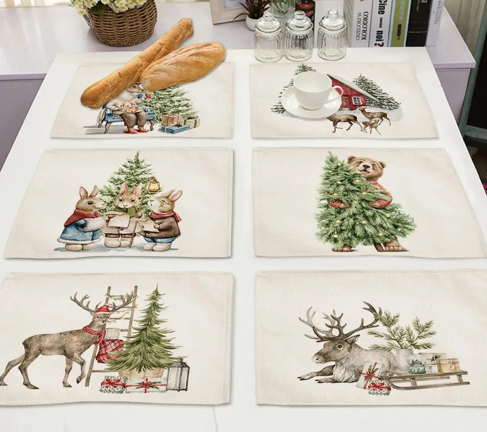 2023 julgran söta djurdekorationer placemat linne matbord mattor dalbana pad skål kaffekopp matta bordduk 42x32cm