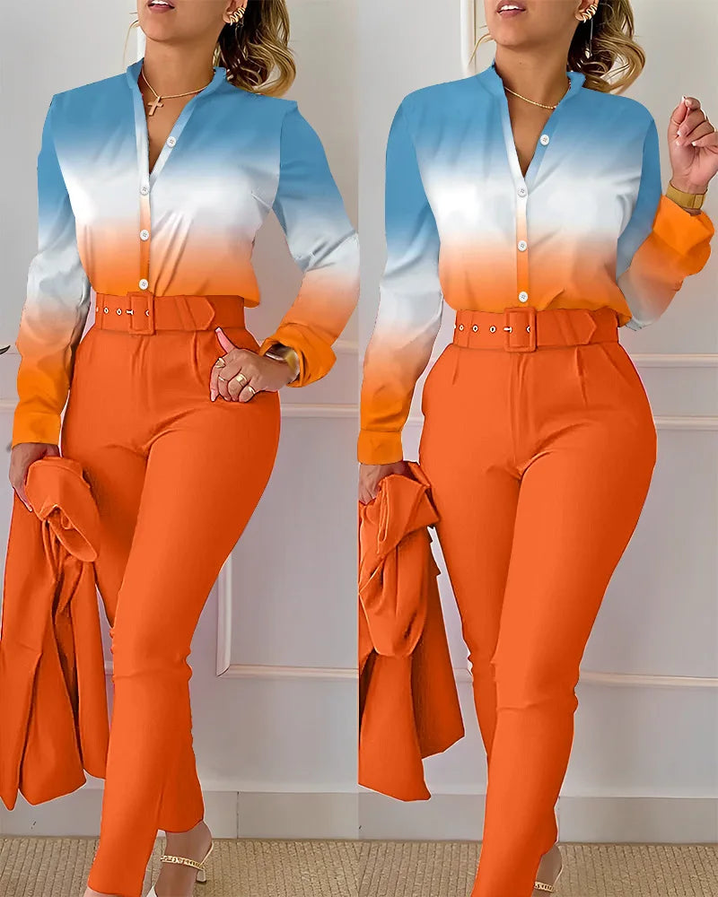 elegant print shirt and pants two piece sets women 2023 spring autumn fashion long sleeve shirts high waist pant casual suits