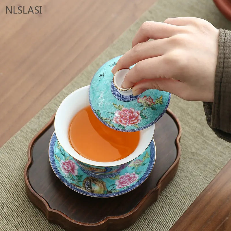 180 ml jingdezhen keramisk gaiwan emalje farve med dækning te cup sancai te skål kinesisk porcelæn te sæt husholdning te infuser
