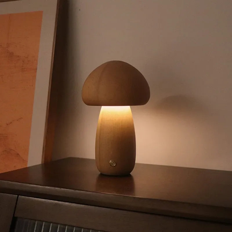 Cute Mushroom LED Night Light Wooden Bedside Table Lamp with Touch Switch Room Decoration High-level Environmental Mushroom Lamp