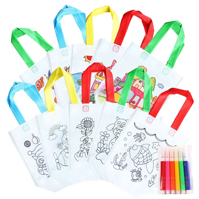 DIY Coloring Goodie Bags with Coloring Markers Party Gift Bags for Kids Toy Storage Bag Eco Non-Woven Fabric Shopping Bags