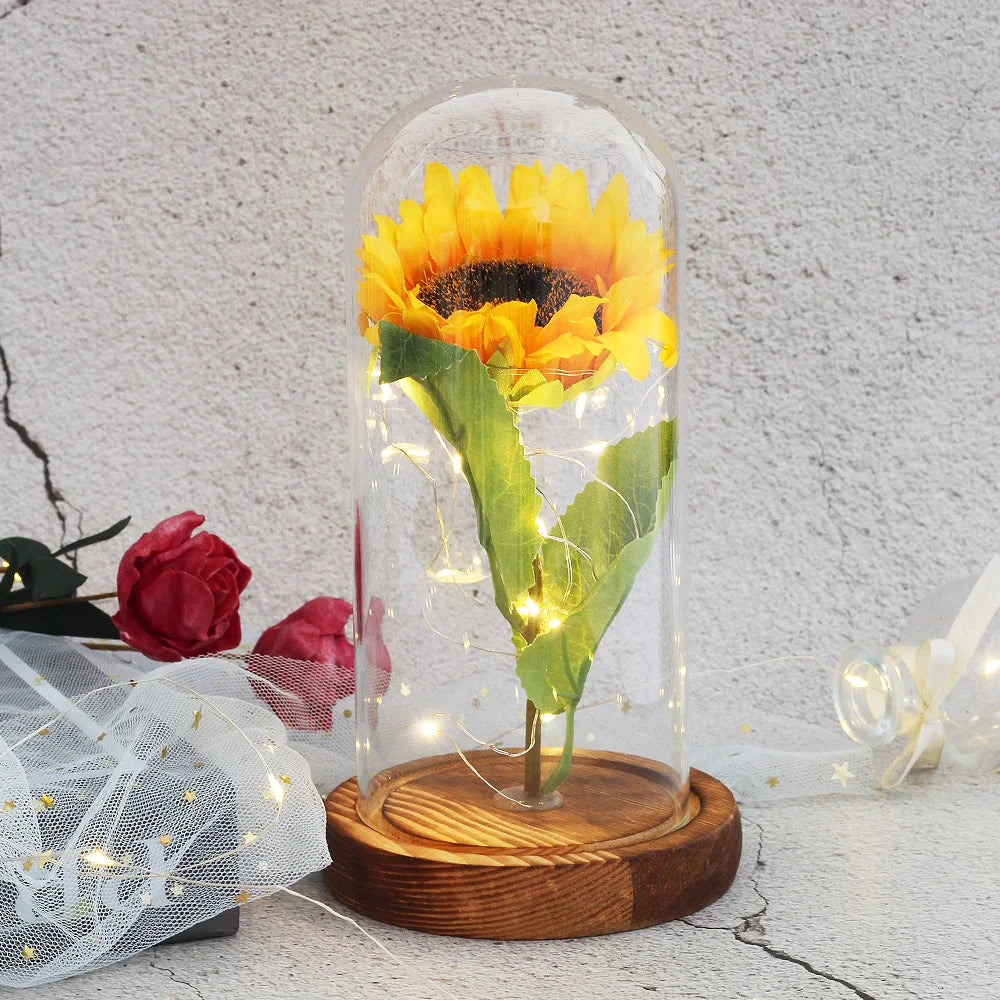 Artificial Immortal Flower The Beauty And The Beast Sunflower Glass Dome Mother's Day Christmas Gift For wedding Decor