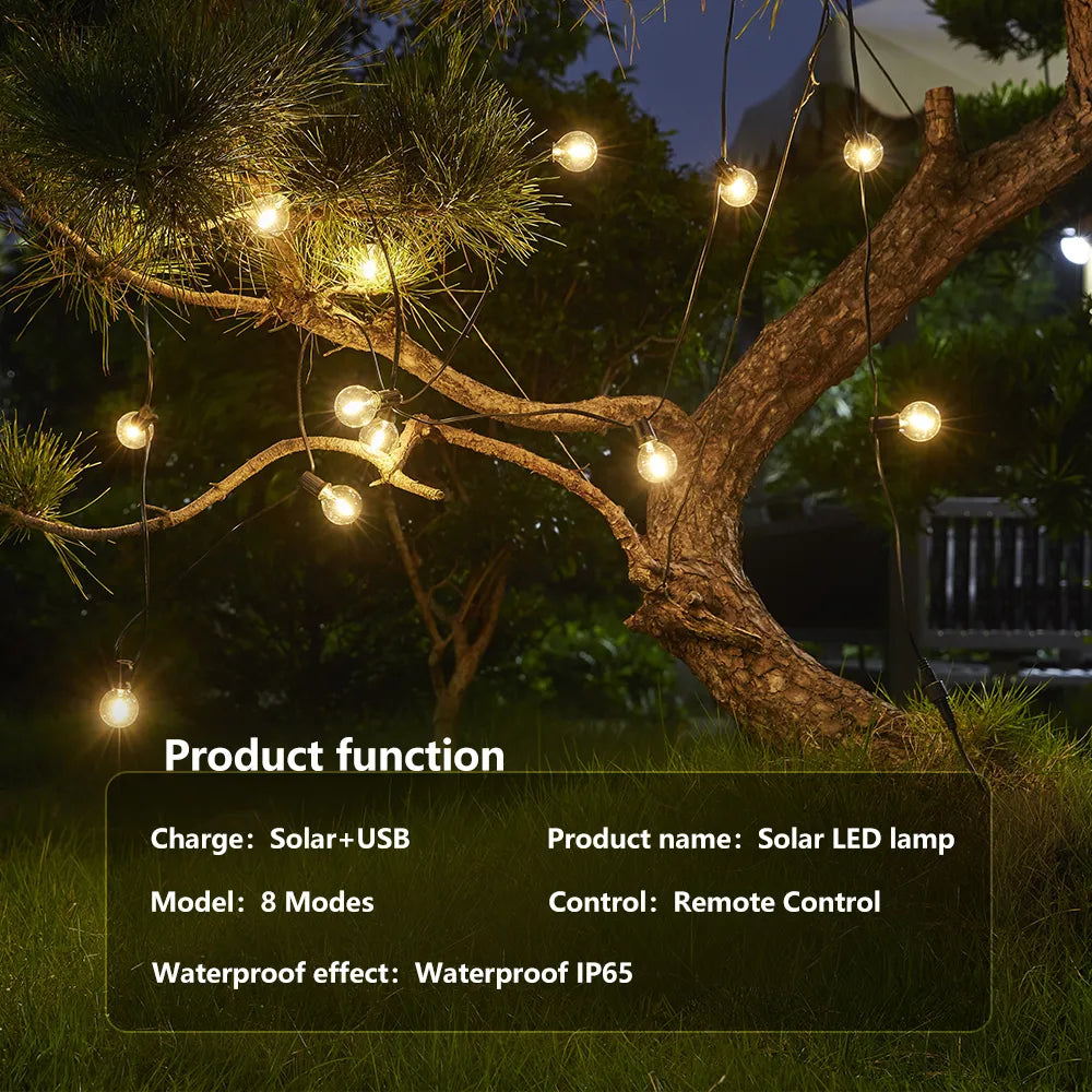 G40 Solar String Outdoor Usb Patio LED LUZES, 8 modos de luz, lâmpadas à prova de quebra, decoração de festa de Natal do Terrace Garden Pub