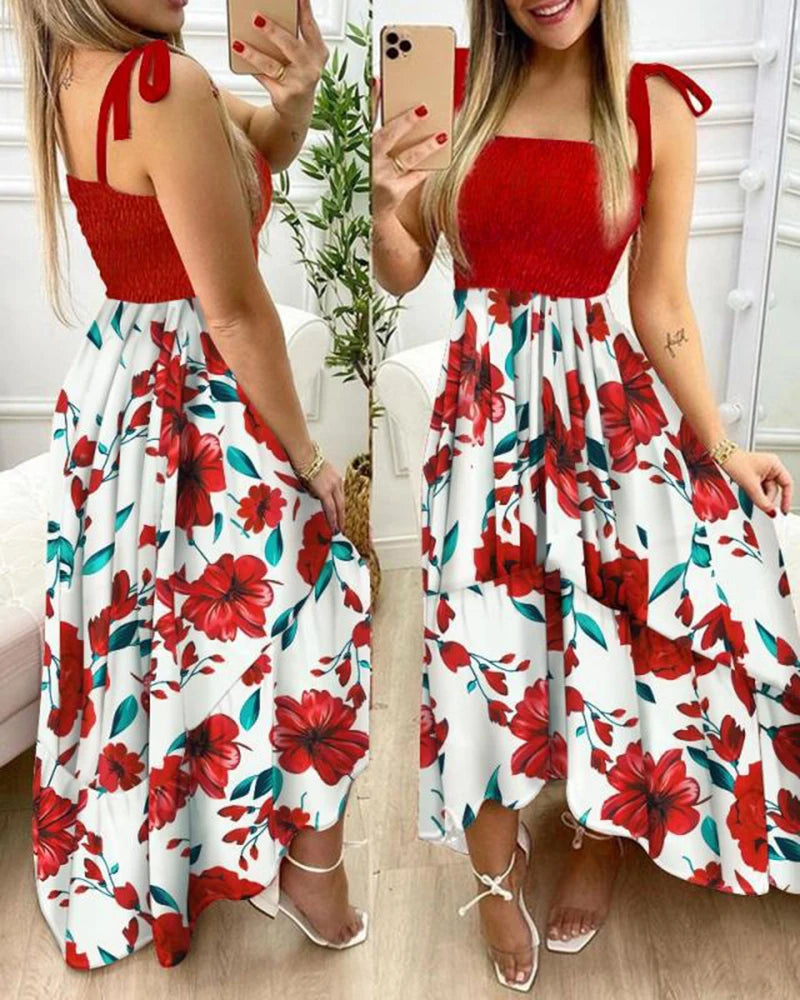 Summer Sexy Spaghetti Strap Floral Print Maxi Dress For Women Casual Elegant Chest Wrap Long Woman Beach Dress Holiday