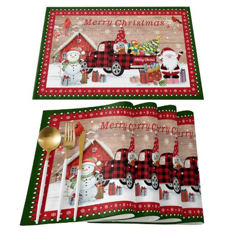 Linen baru Krismas Gnome Elk Tree yang dicetak Table Place Pad Pad Placemat Placemat Cup Coaster Teh Doily Kitchen
