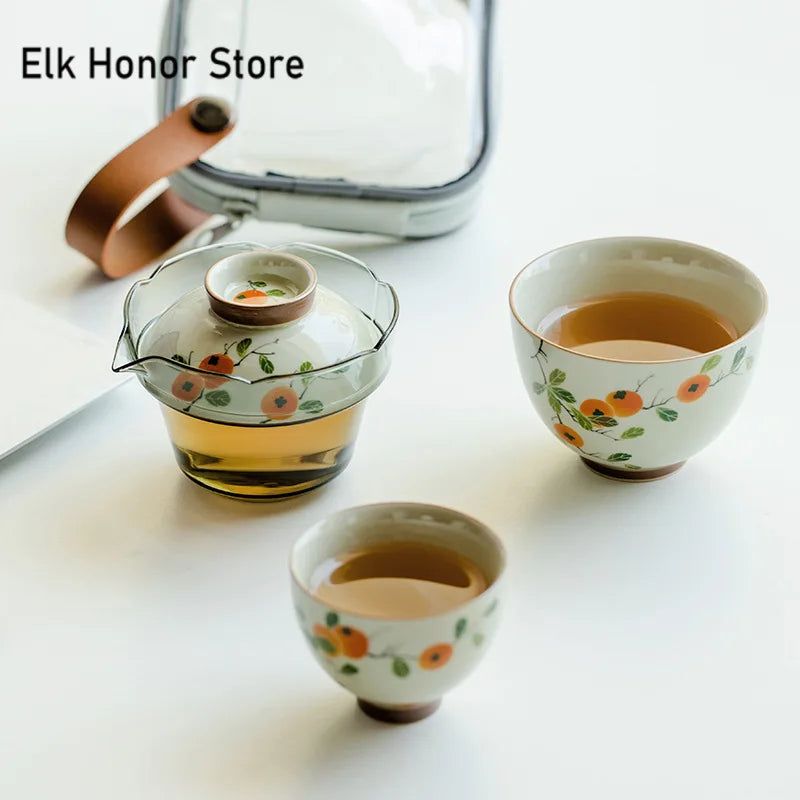 Ren handmålad persimmon keramisk kung fu te-set bärbar resor porslin teaset gaiwan te koppar te-verktyg med bärväska