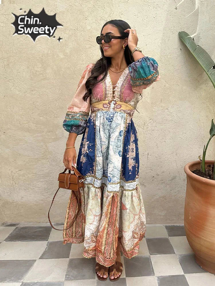 Vintage Printed Patchwork Maxi Dresses Women Causal Loose V Neck Long Lantern Sleeve Long Dress Chic Female Vacation Beach Robes