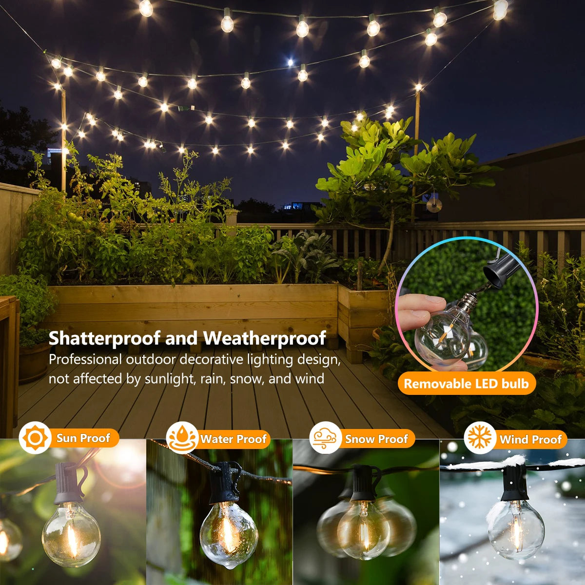 G40 Solar String Outdoor USB -Terrassen -LED -Leuchten, 8 Lichtmodi, bruchsichere Glühbirnen, Terrasse Garten Pub Christmas Party Decor