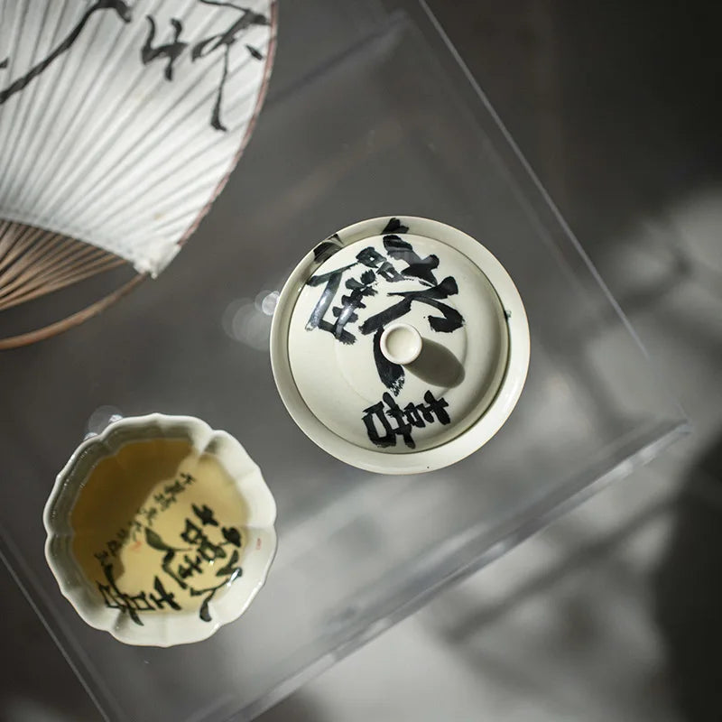 110ml tumbuhan retro teh kelabu teh seramik tureen seni tulisan tangan labu mangkuk mangkuk teh dengan penutup teh gaiwan kung fu teh set