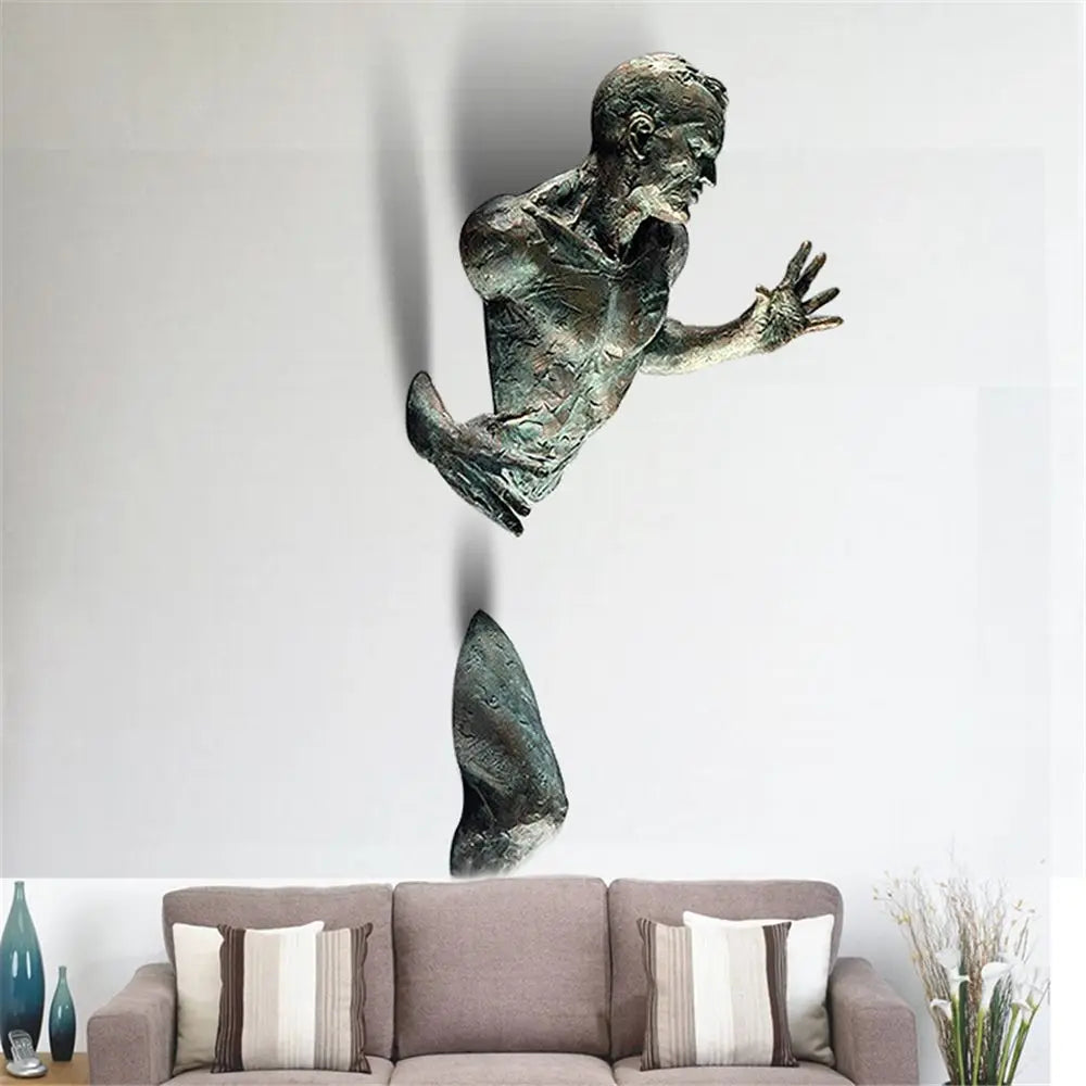 3D à travers le mur Sculpture Résine Electroplasage Imitation Copper Caractère abstrait Ornement Statue Salon DÉCOR HOME