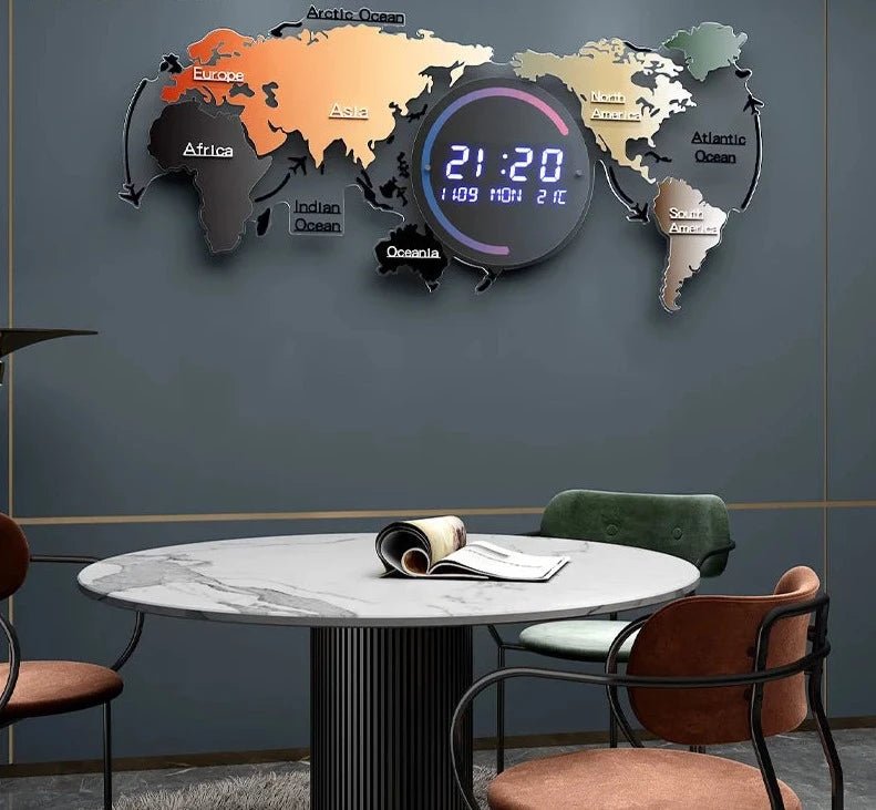 Kreative Weltkarte Smart Uhren mit Kalender Thermometer Wohnkultur Wohnzimmer Reloj de pared 3D große intelligente Wanduhr Neue