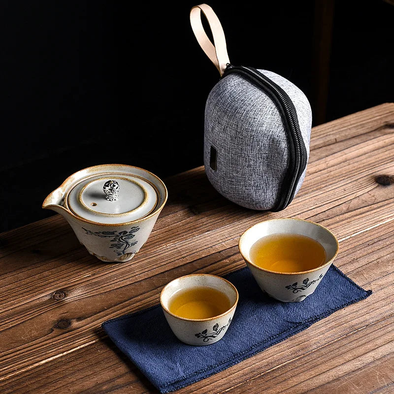 Teh Perjalanan Gaya Jepang Set Ivy Bunga Keramik Teh Porselen Portabel Dengan Kasing Membawa Teko Teh Outdoor Quick Cup Teawares