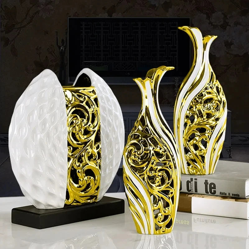 3pcs/conjunto Vaso de porcelana banhado a ouro Vaso Vintage Avançado Vaso de Flor de Cerâmica para Quarto Desenvolto Casa Decoração de Casamento Com Flor