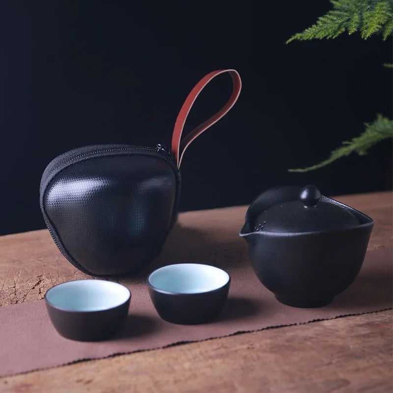 Teh Teapot Seramik Mudah Alih dengan Beg Perjalanan, Gaiwan, 2 cawan set teh