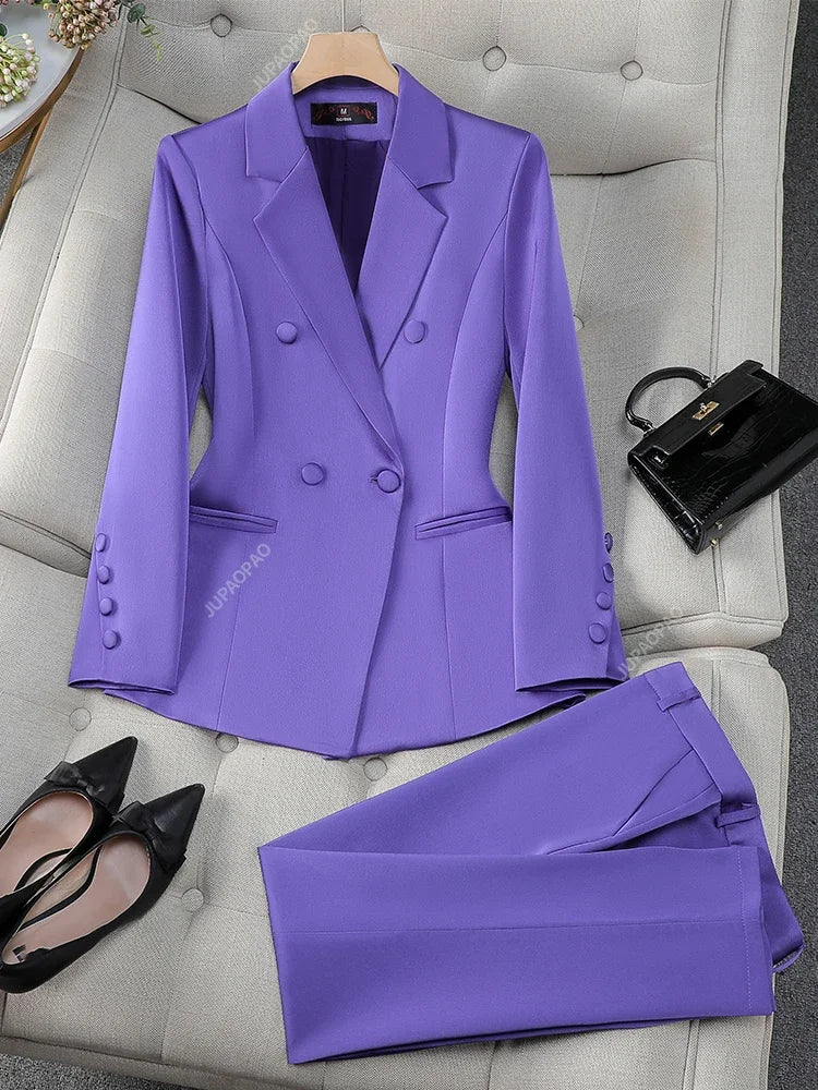 Fashion Office Ladies Formal Pant Suit Set Women Blue Pink Yellow Female Business Work Wear 2 Piece Blazer Jacket And Trouser