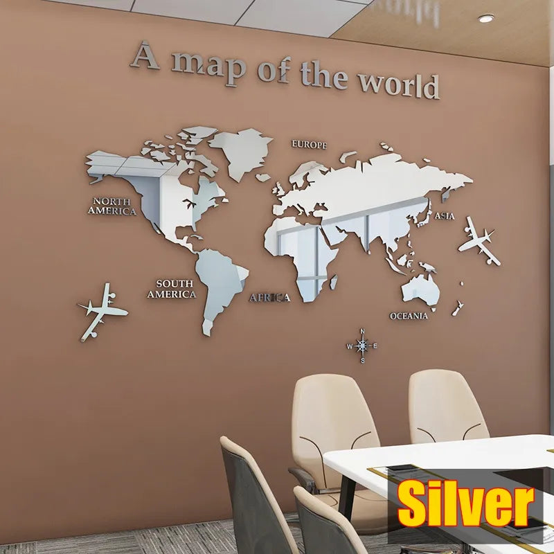 Adesivo da parete della mappa del mondo 3D ACRILICO ACRILICO CRIDULE CRIDUALE CRIDUALE CRAMMA CON INDICAZIONE SOLAMENTO Idee per la decorazione dell'ufficio