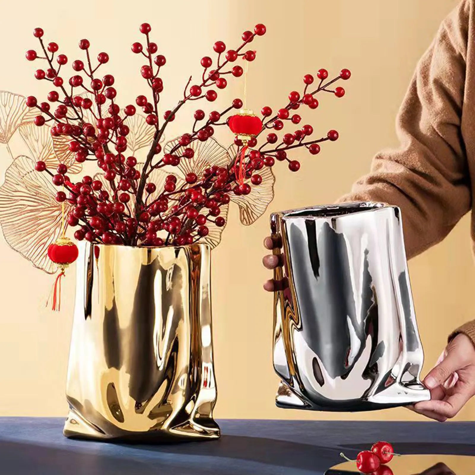 Vaso de flor de cerâmica grande capacidade de ouro e vasos de peça central de prata para festa da mesa de jantar em casa decoração