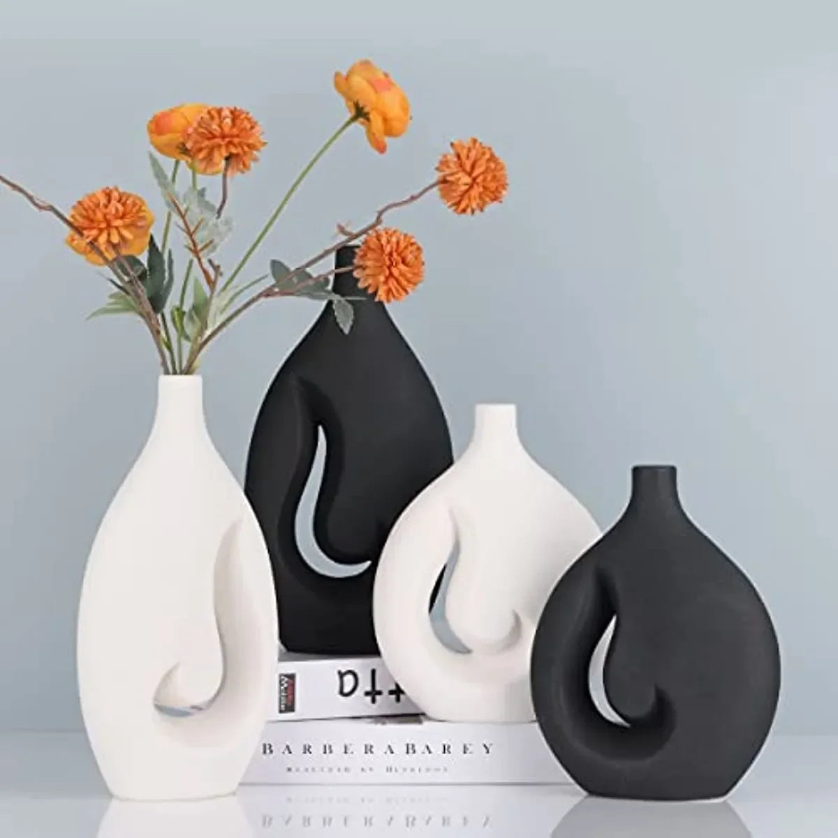 Černé keramické plamenové duté vázy sada 2 moderní dekorativní váza vrchol pro svatební jídelní stůl večírek v obývacím pokoji