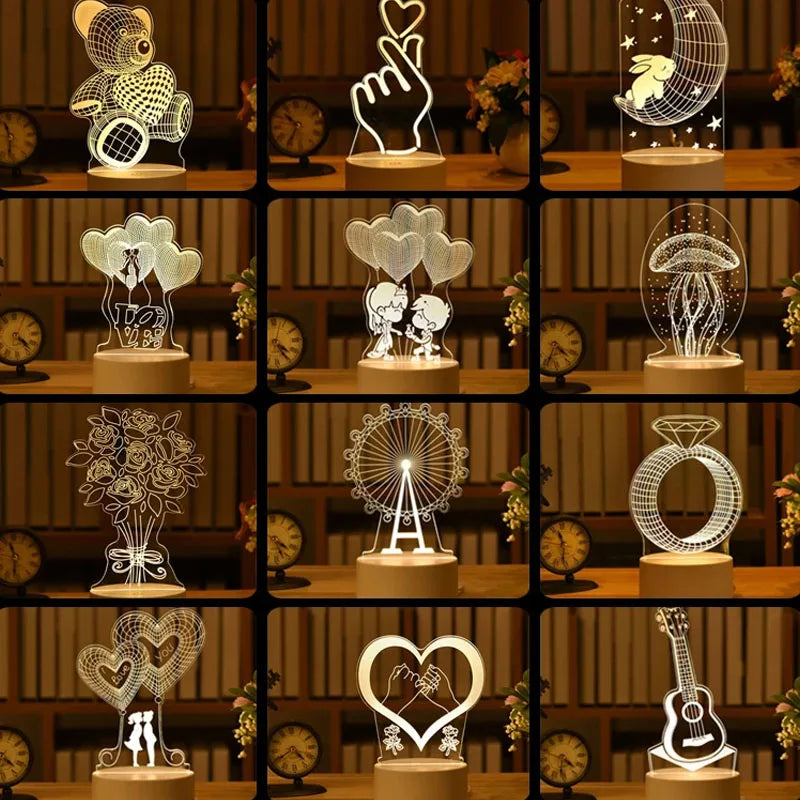 Cinta romantis 3D LED LED ACRYLIC UNTUK RUMAH RUMAH MALAM MALAM MALAM Meja Lampu Lampu Pesta Ulang Tahun Dekorasi Hari Tempat Tidur Valentine