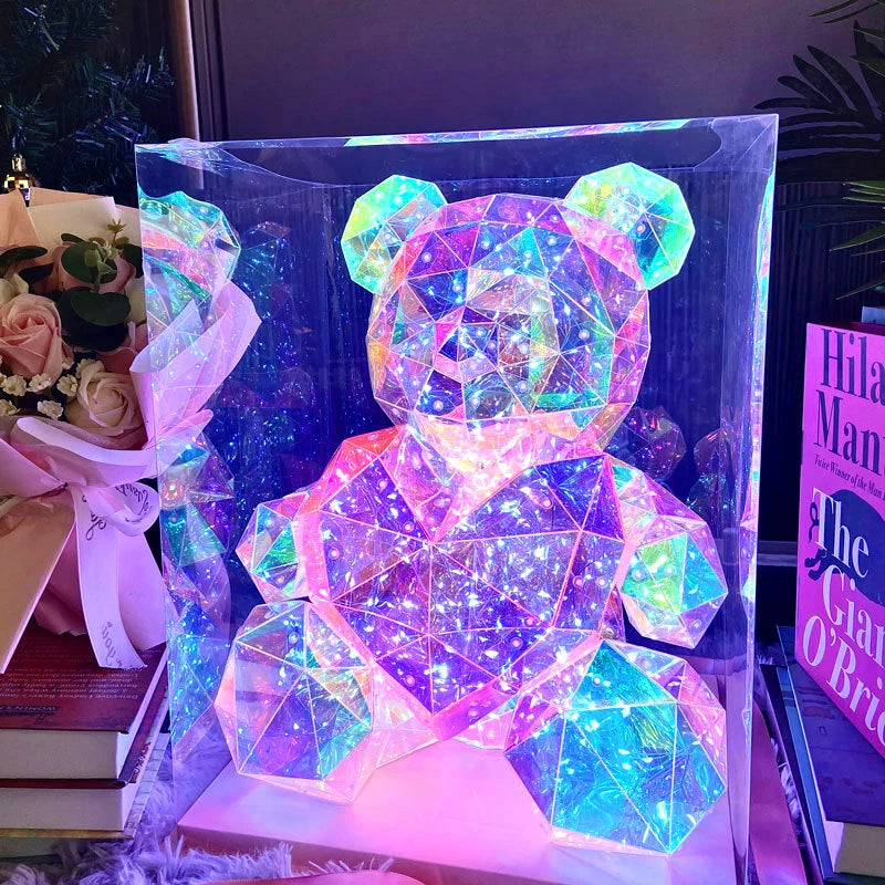 Envío de envío de 30 cm Phantom Multi Faceted Rose Teddy Bear Día de San Valentín Regalo LED Bear con caja Regalos de aniversario de bodas