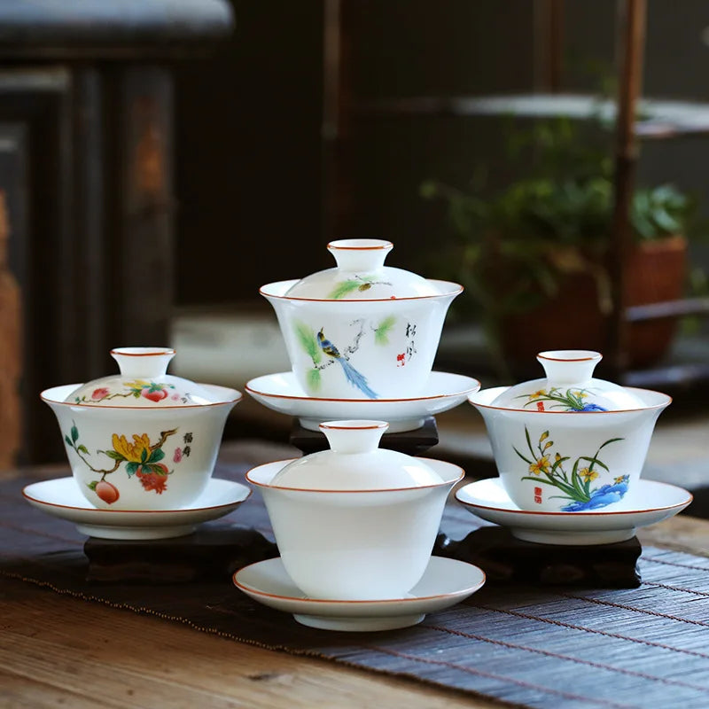 Keramik Sancai Gaiwan Tea Bowl Chinese Handmade On-Glazed Porcelana Kung Fu Tea Tureen Teal Set Teh Dekorasi Rumah Cangkir Teh