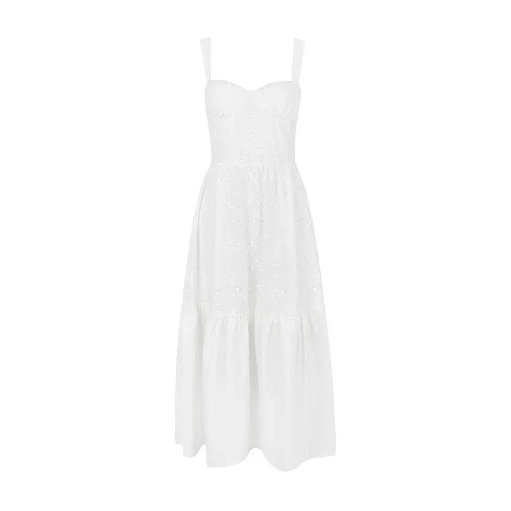 Mingmingxi White Women's Summer Dress 2023 Linen-cotton Blend Jacquard Dress Elegant Sexy Midi Vacation Holiday Dress
