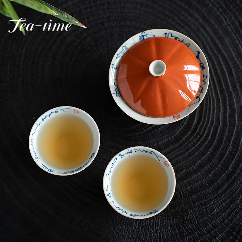 150ml Hand-painted Poetry and Literature Ceramic Tea Tureen Bamboo Hat Tea Bowl with Lid Chinese Tea Maker Gaiwan Kung Fu Teaset