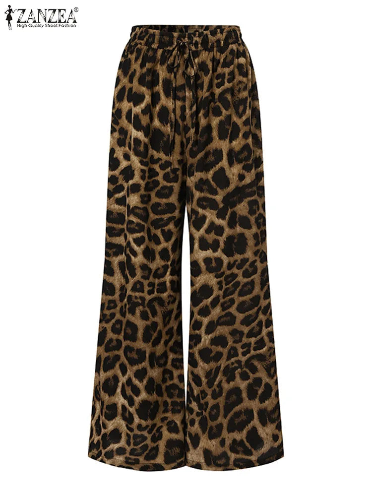 Fashion Women Leopard Print Pant Sets ZANZEA Casual Loose Tops and Pant Outfits 2023 Autumn Wide Leg Pant Leisure Two Piece Sets