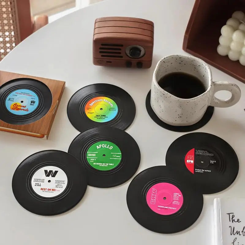 Baru 6/4/2PCS Retro Vinyl Record Cup Coaster Anti-Slip Coffee Coasters Haba Muzik Tahan Minum Mug Mug Table Placemat Decor