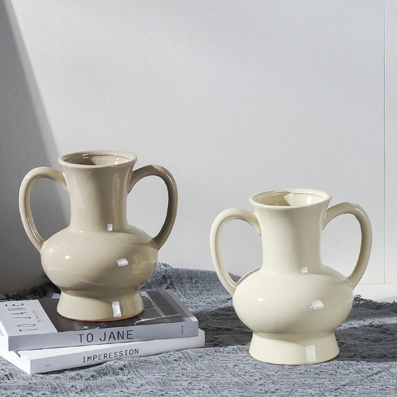 Nordic Ins Keramik Telinga Ganda Ornamen Vas Besar Ruang Tamu Porch Desktop Desktop Bunga Vas Home Dekorasi Aksesoris