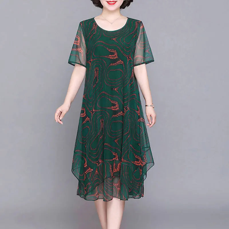2023 O-Neck Short Sleeve Dresses Vintage Floral Printed Summer Gauze Spliced Women's Clothing Stylish Irregular Loose Midi Dress