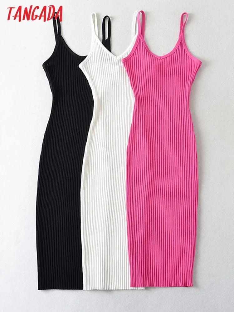 Tangada 2023 Summer Fashion Women Solid Sweater Dress Sleeveless V Neck Ladies Midi Dress AI25X