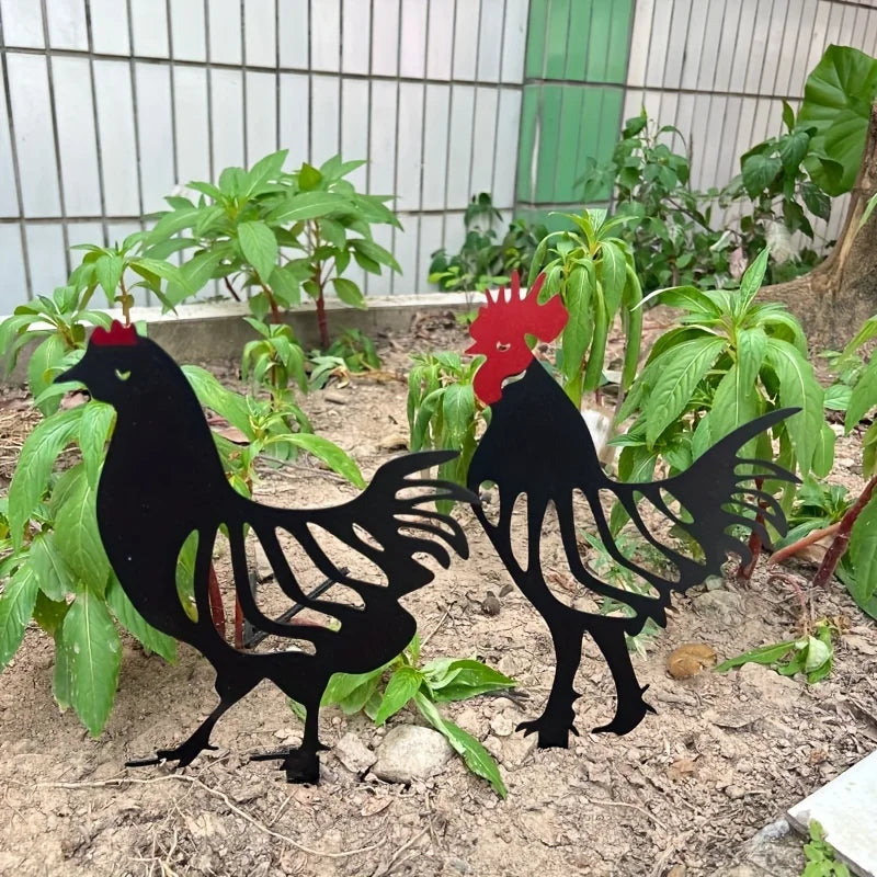 1pc Metal Crafts Outdoor Garden Statue Decorative Courtyard Ornaments Yard Cock Hen Modeling Inserted Iron Art Decoration