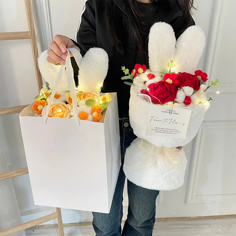 New Cute Rabbit Ears Knitted Plush Artificial Roses Flower Bouquet Gift Set for Wedding Birthday Valentine Mother's Day Gift