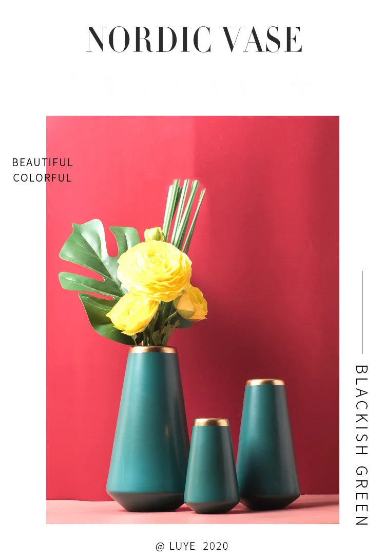Modern Koyu Yeşil Altın Seramik Vazo+Yapay Çiçek Seti Ev Yemek Masası Süslemeleri El Sanatları Kitap Kümesi Mobilya Dekorasyon