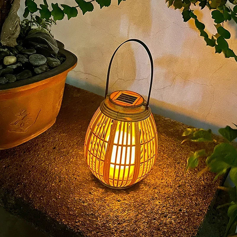 Udendørs solimitation rotting lanterne gårdhave balkon havedekoration stearinlys kreative atmosfære bambus lysekrone
