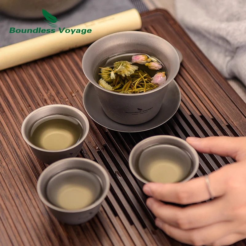 Boundless Voyage Double Walled Titanium Gaiwan Kung Fu Tea Set and Saucer Chinese Traditional Teacup with Cover Portable Tureen