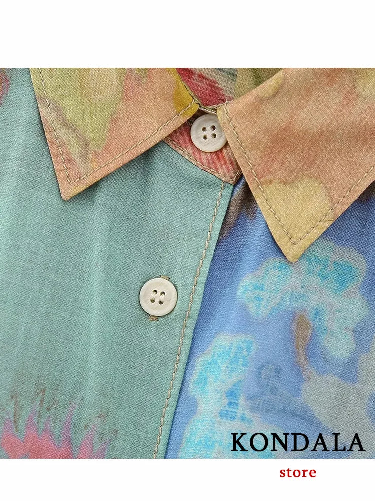 KONDALA Vintage Tie Dye Print Women Suit Single Breasted Blouse Straight Long Loose Pants New Fashion 2023 Summer Boho Sets