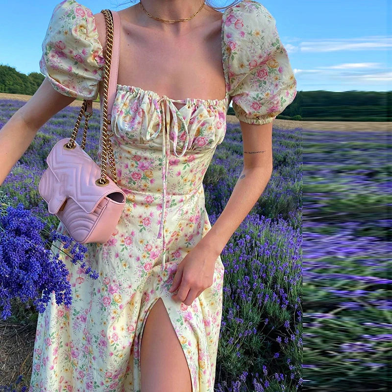 Women's Flowers Puff Sleeve Midi Dress Summer Sweet Vintage Lace Up Square Collar A-Line Dress Elegant High Split Floral Dress