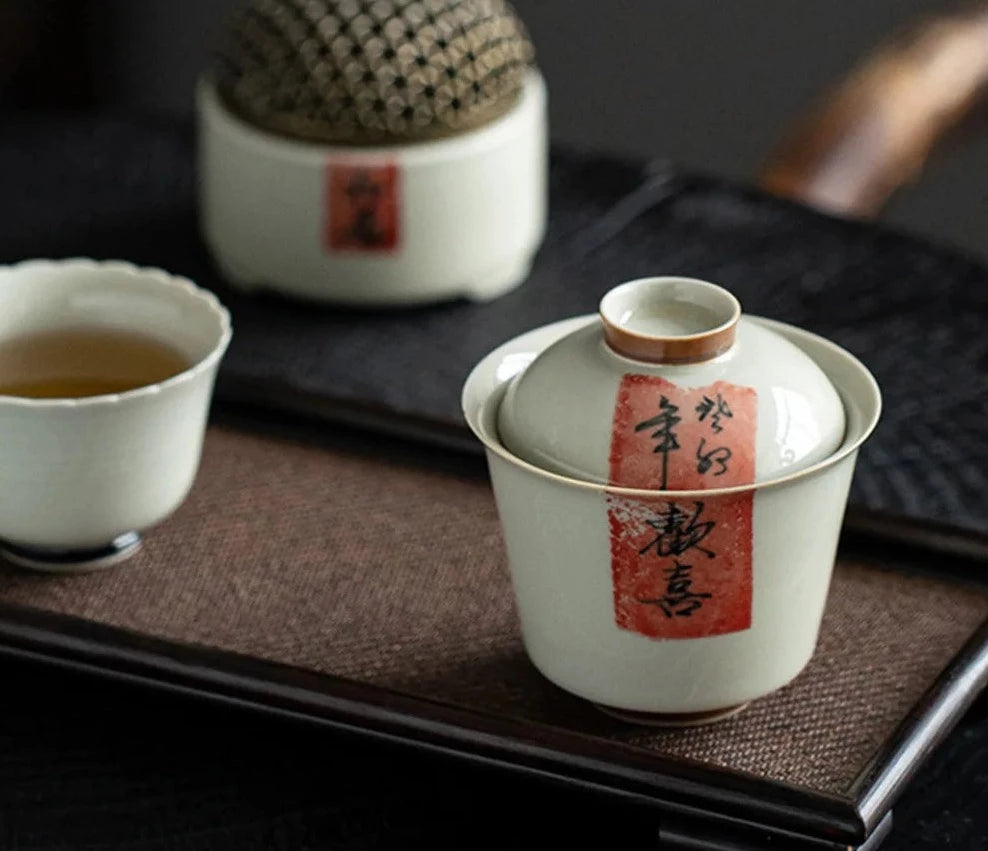 120 ml de caligrafia chinesa gaiwan planta tradicional cinza tigelas tigas de chá Treureen Tea Maker Capa Cha Cha Cha Ornamentos