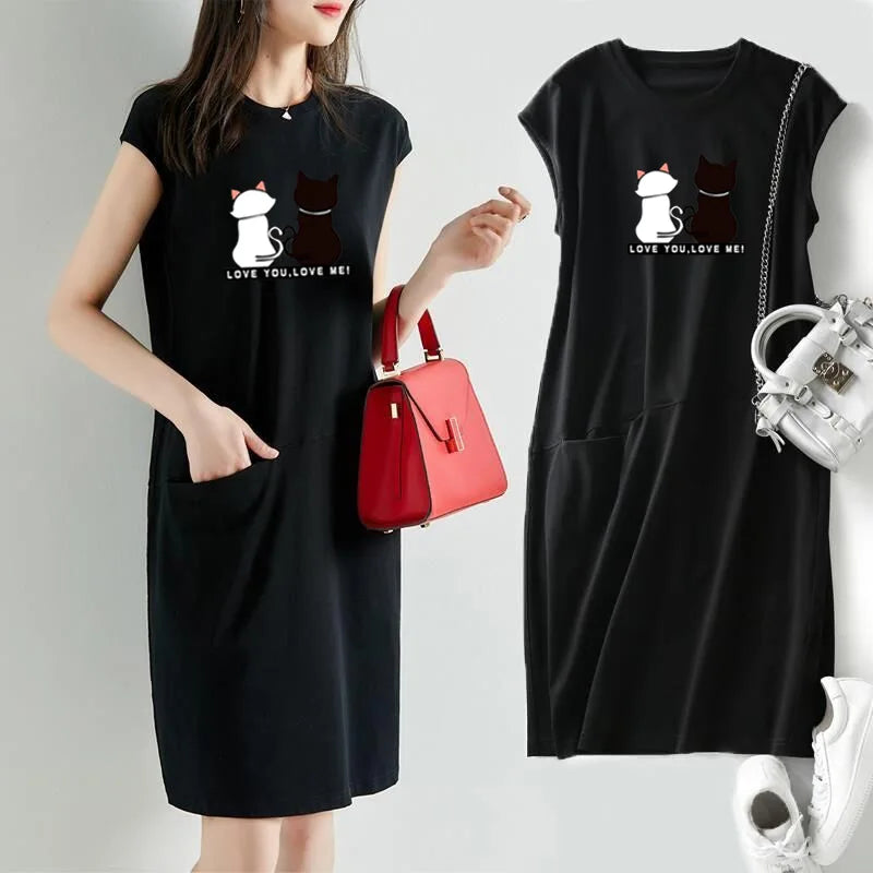 Women Summer Kawaii Cat Print Dress Korean Fashion Aesthetic Clothes Casual Streetwear Black Loose Midi Dresses for Women 2023