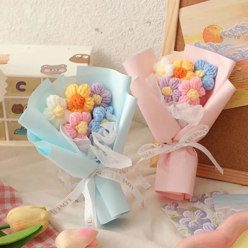 New  Handmade Flower Bouquets Mini Crochet Flowers Colorful Artificial Flowers Teacher's Day Gift Floweres