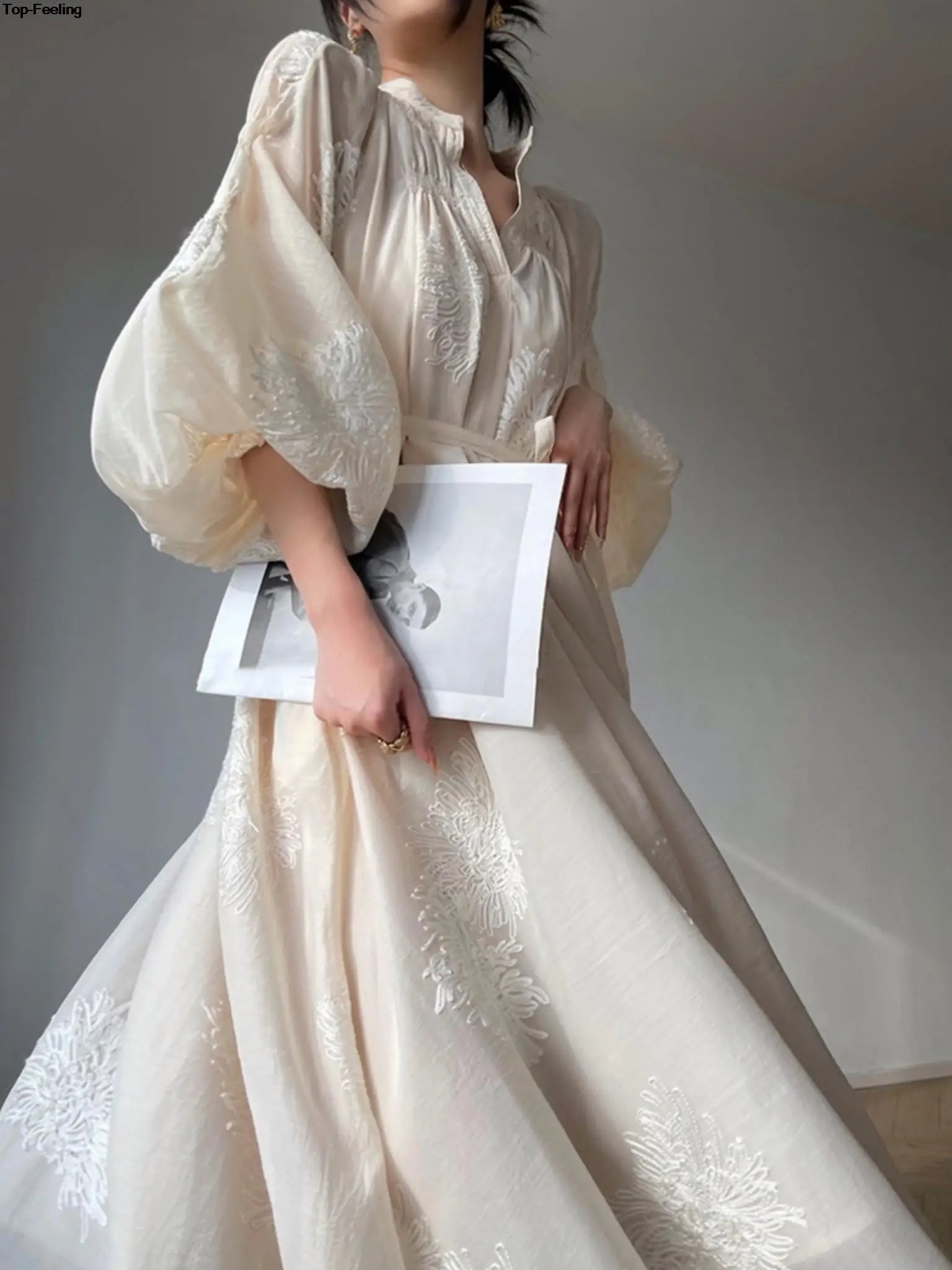 France Elegant Lantern Sleeve Embroidery Midi Dress for Women Spring Autumn New V Neck Lace Up Vestidos Korean Vintage Clothes