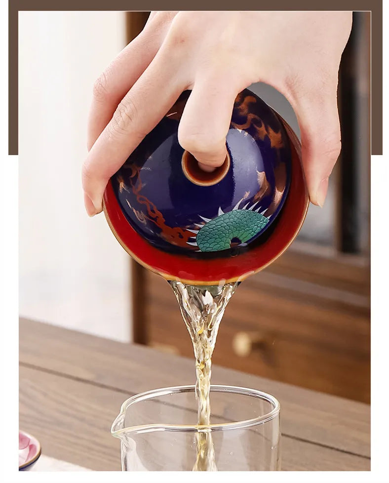 Tigela de chá de esmalte com tampa Três Cai Gaiwan requintado Cerâmica Cera Copa Chinesa Caneca Presente Luxuado Teacup de Viagem Infusor de Viagem